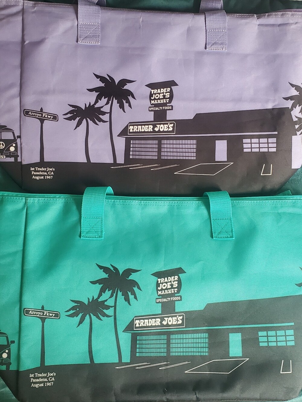 Lot of 2 Trader Joe's Large Insulated Bags--Retired Lavender & Teal Colors